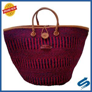 Handwoven Sisal Tote Bag Leather Handles Button Closure Boho Beach Travel